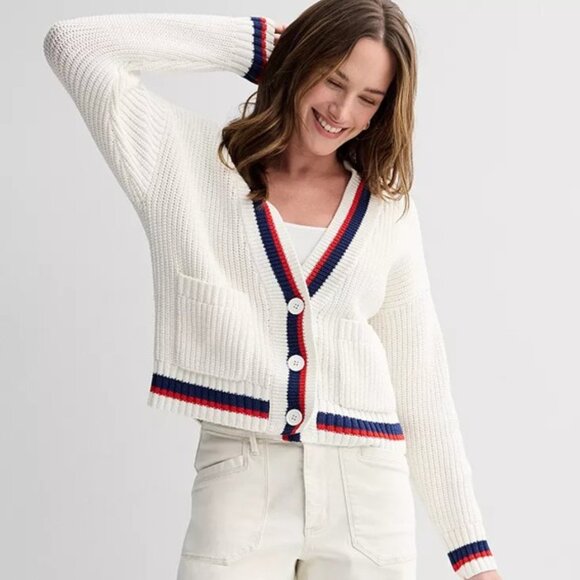 Sonoma Sweaters - Sonoma Button Front Pocket Cardigan Sweater Ivory Red & Blue Trim Size Medium